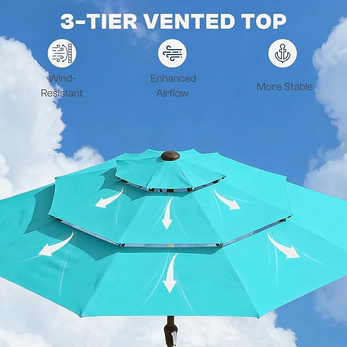 10ft 3 Tier Patio Umbrella, Outdoor Market Table Umbrella with UPF 50+ Vented Canopy, 8 Sturdy Ribs, Easy Push Button Tilt and Crank, Windproof for Deck, Pool, Backyard and Garden