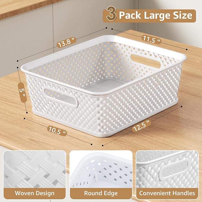 MaxGear 3 Pack Plastic Storage Baskets, Large, White | Durable Woven Plastic with Built-In Handles, Suitable for Shelves, Closets, Cabinets, Bathrooms and Offices