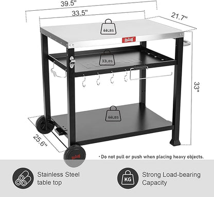 Feasto 3-Shelf Pizza Oven Table 33.5" x 21.7" Stainless Top, Rolling Outdoor Grill Cart with Waterproof Cover for Pizza Ovens & Griddles, Heavy-Duty BBQ Prep Station for Patio & Deck, Black