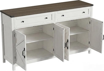 ChooChoo 55" W Coffee Bar Cabinet, Kitchen Storage Cabinet with 2 Drawers | Farmhouse Sideboard Buffet Cabinet, Adjustable Shelf & 4 Doors, Rustic White