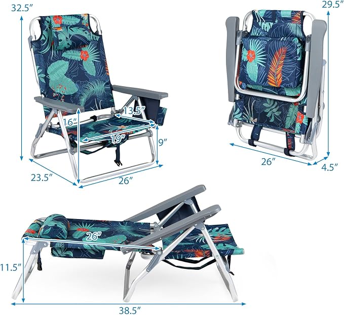 GYMAX Beach Chairs, Backpack Camping Chair | with Armrest, Cooler Bag, Cup Holder & Towel Bar, Sunbath Tanning Lounge, Folding Layout Chair (Without Table, Flower)