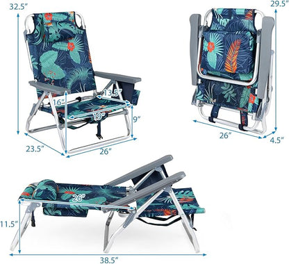 GYMAX Beach Chairs, Backpack Camping Chair | with Armrest, Cooler Bag, Cup Holder & Towel Bar, Sunbath Tanning Lounge, Folding Layout Chair (Without Table, Flower)