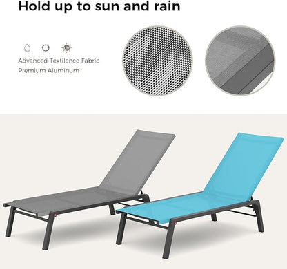 Patio Chaise Lounge Set of 2 with 4 Adjustable Backrest, Foldable Aluminum Chaise Lounge Chair Recliner for Outdoor, Poolside, Sun Tanning Grey