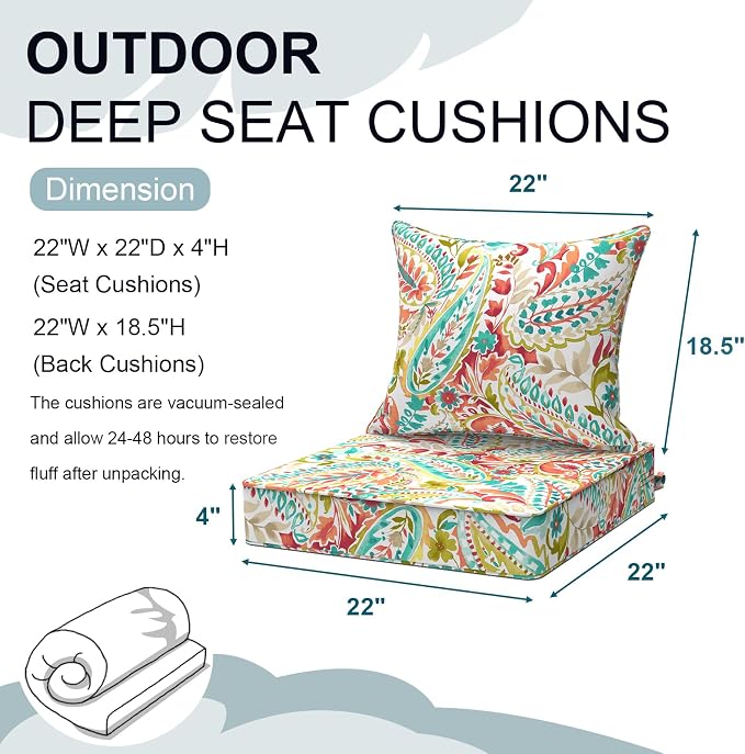 DYTXIII Outdoor Deep Seat Cushion Set, Water Repellent 22"x22" Patio Thick Cushions Replacement with Seat & Back Pillow for Patio Sofa, Wicker Chair, Couch - Pretty Paisley