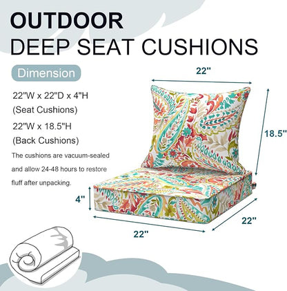 DYTXIII Outdoor Deep Seat Cushion Set, Water Repellent 22"x22" Patio Thick Cushions Replacement with Seat & Back Pillow for Patio Sofa, Wicker Chair, Couch - Pretty Paisley