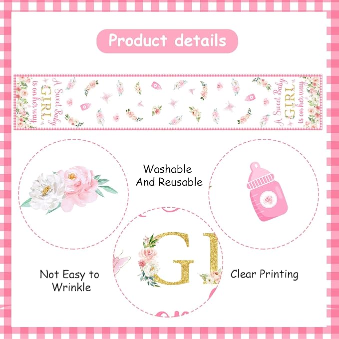A Sweet Baby Girl is On Her Way Table Runner, Pink Linen Fabric Table Runner for Everyday Use 72 x 13 Inches, Washable Table Cover for Baby Shower Indoor Outdoor Kitchen Dining Table Decor