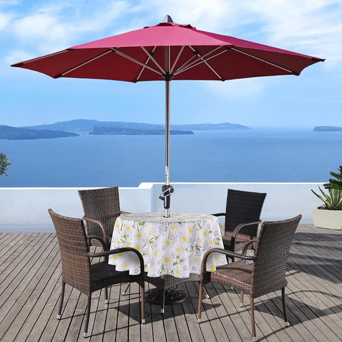 UMINEUX 60" Outdoor Round Tablecloth with Umbrella Hole and Zipper | Spring/Summer Waterproof Round Patio Table Cover for Picnic/BBQ/Garden, White Daisy
