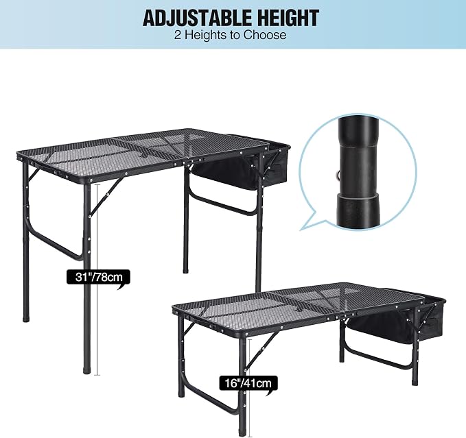 Portable Grill Table with Sink for Outside, Aluminum Frame Folding Grill Stand Table for Outdoor Camping Picnic BBQ, Lightweight Adjustable Height, 36 x 20 x 31 Inches, Black