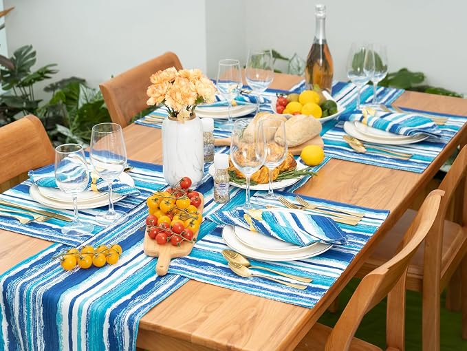 YiHomer Indoor Outdoor Tabletop for Spring Summer Decorations, Picnics and Dinner Parties - Stain and Water Resistant, Crayon Art (Ocean), Table Runner, 14 x 72