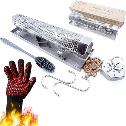 12'' Pellet Smoker Tube, Smoke Tube for Pellet Smoker With a Stainless Steel Tray and Tube Cover, 5 Hours Billowing Smoke, Works with Any Grill or Smoker
