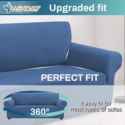Asnomy Couch Covers for 3 Cushion Couch Stretch Sofa Covers Slipcovers, Pet Protector Furniture Covers for Dogs Cats Spandex Jacquard Fabric Small Checks（X-Large，River Blue）