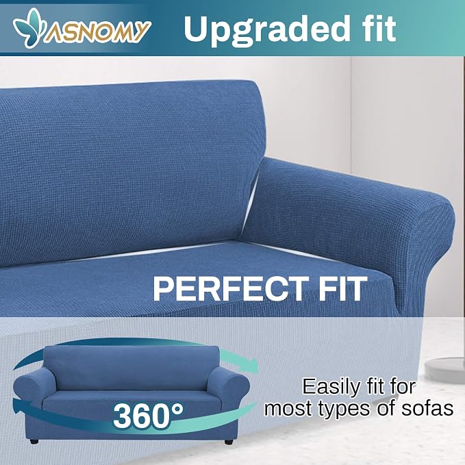 Asnomy Stretch Couch Covers for Sofa Washable, 3 Cushion Couch,River Blue | 1-Piece Sofa Covers(78"-94") 3-Seater Furniture Protector Soft Jacquard,Non-Slip Elastic Bottom For Dogs & Kids