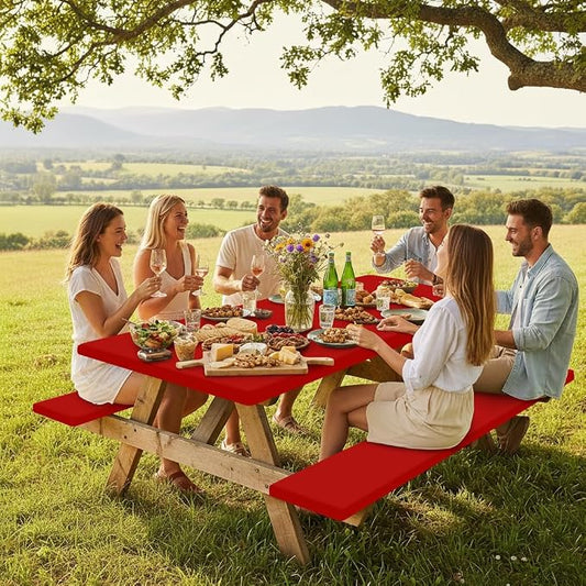 Smiry Picnic Table Cover with Bench Covers, Waterproof Elastic Fitted Polyester Tablecloths for 6 Ft Rectangle Tables, Washable Windproof Tablecloth for Camping, RV & Outdoor (Red, 30x72 Inches)