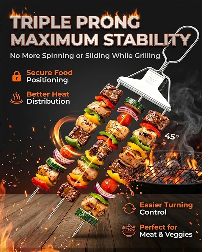 Grill Skewers for Grilling 3 Way Outdoor Metal Chicken BBQ Kabob Meat Stainless Steel 3 Prong Barbeque 2026 New Reusable Three Pronged Push off Slider Bar Triple Pierce Easy to Use Updated
