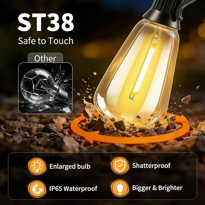 Solar Lights Outdoor, 40FT ST38 LED IP65 Waterproof Patio Lights | 13 Shatterproof Bulbs Hanging Light, Solar or USB Charging, 3 Lighting Modes for Backyard Porch Party Decor Warm White