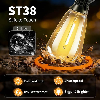Solar Lights Outdoor, 40FT ST38 LED IP65 Waterproof Patio Lights | 13 Shatterproof Bulbs Hanging Light, Solar or USB Charging, 3 Lighting Modes for Backyard Porch Party Decor Warm White