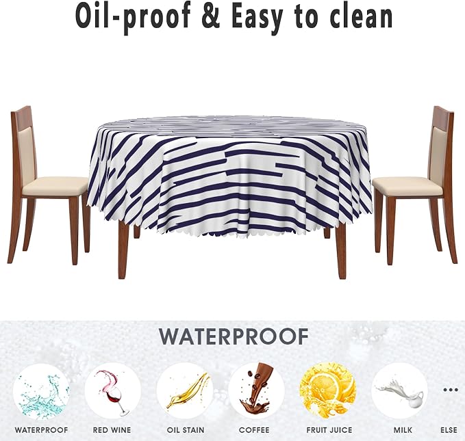 Navy Blue Stripes Tablecloth 70x70 Inch Round Abstract Irregular Striped Table Cloth Dining Circle Table Cover Dust-Proof Table Cover Protector for Home Restaurant Picnic Camping BBQ