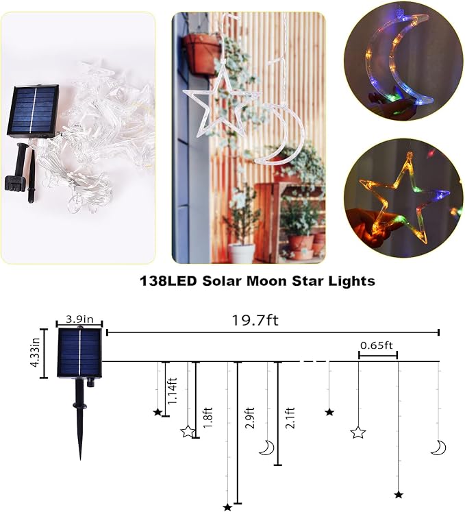 138 LED Ramadan Decorations Lights, Solar Moon Star Lights for Outdoor Waterproof, Solar Powered String Lights with 8 Modes, Ramadan Hanging Decor for Indoor, Home, Patio (Multi-Colored)
