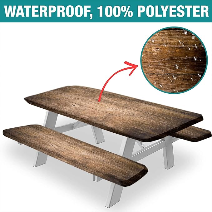 Rustic Wood Planks Picnic Table Cover with Bench Covers, Rustic Wood Planks Fitted Tablecloth and Seats Cover, 3 Pieces Set, for Travel Spring Picnics Parties Outdoor Use, 72x28 in, Brown