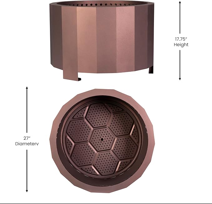 Merrick Lane Aries 27" Smokeless Firepit - Bronze Finish - Wood Burning - Lightweight Portable Design - Waterproof Cover Included - No Assembly Required