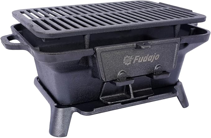 Cast Iron Charcoal Grill, Oval Small Portable Hibachi Grill with Grate for Outdoor Camping, Black