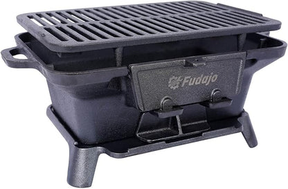 Cast Iron Charcoal Grill, Oval Small Portable Hibachi Grill with Grate for Outdoor Camping, Black