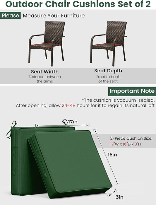 Outdoor Chair Cushion 17 x 16 x 3 Inches Patio Furniture Outdoor Waterproof Seat Cushion, Patio Chair Cushion with Handles and Ties, Square Dining Chair Cushion Set of 2, Green