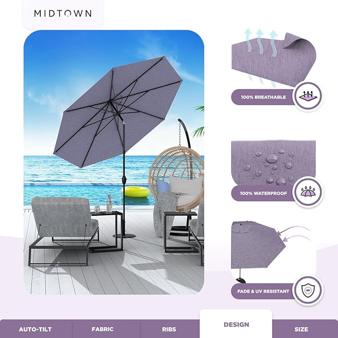 Midtown Umbrellas 10-Year-No-Fade - 8 Feet outdoor umbrella Terylast Purple Texture Polyester Fabric - Auto-Tilt Aluminum Frame Patio Umbrella For Deck, Garden, Pool - Black Pole