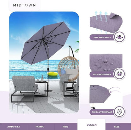 Midtown Umbrellas 10-Year-No-Fade - 8 Feet outdoor umbrella Terylast Purple Texture Polyester Fabric - Auto-Tilt Aluminum Frame Patio Umbrella For Deck, Garden, Pool - Black Pole