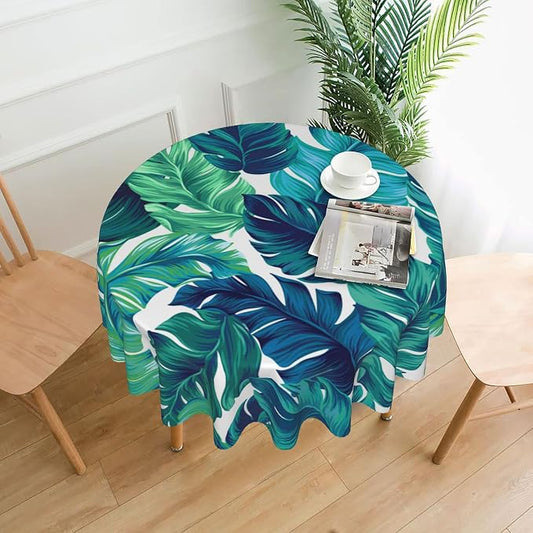 Sweetshow Tropical Tablecloth Round 70 Inches for Summer Green Hawaiian Palm Leaf Round Tablecloth Polyester Washable Circle Table Cover Table Cloth for Kitchen Dining Room Picnic Patio Wedding Party