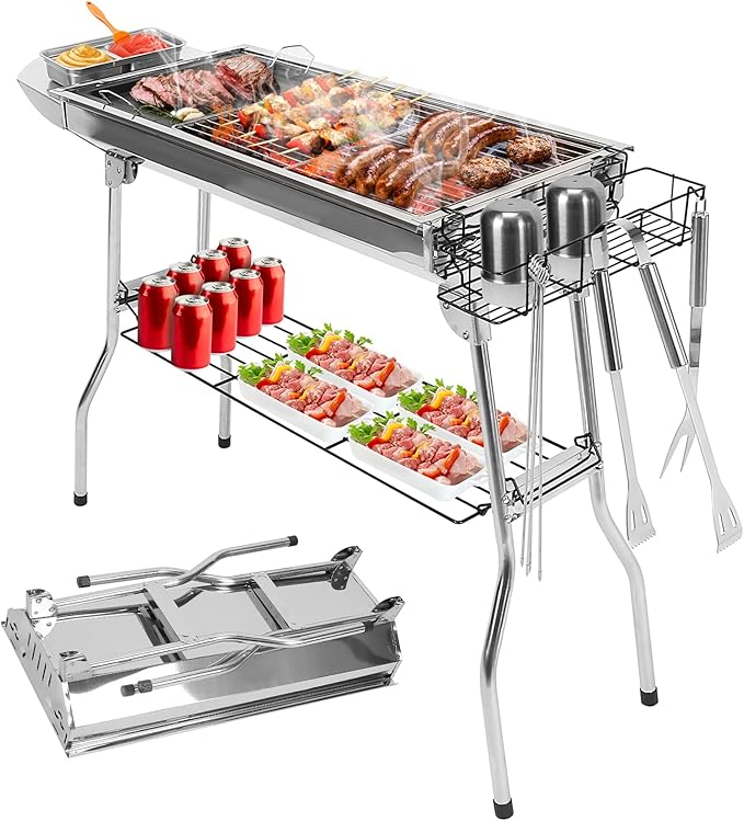 KOCASO Portable Charcoal Grill - Large BBQ Area, Stainless Steel Charcoal Grill, Non-Stick Frying Pan,Active Air Vent Design - Perfect for Camping, Picnics, and Outdoor Gatherings