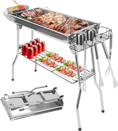 KOCASO Portable Charcoal Grill - Large BBQ Area, Stainless Steel Charcoal Grill, Non-Stick Frying Pan,Active Air Vent Design - Perfect for Camping, Picnics, and Outdoor Gatherings
