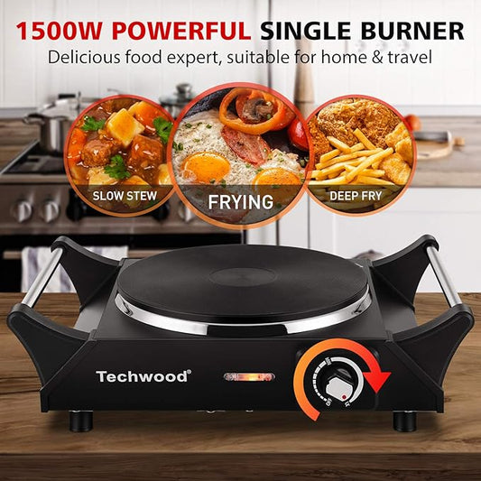 Techwood Hot Plate Portable Electric Stove 1500W Countertop Single Burner with Adjustable Temperature & Stay Cool Handles, 7.3” Cooktop for Dorm Office/Home/Camp, Compatible for All Cookwares