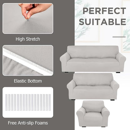 Peryiter 3 Pcs Couch and Loveseat Sofa Covers,Silver Gray,Milk Silk | Armchair Covers for Living Room, Sofa Cushion Slipcover, Furniture Protector, Polyester and Spandex, Washable