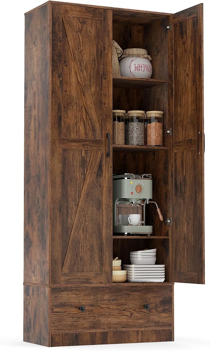 GIANTEX 72" Tall Kitchen Pantry Cabinet, Farmhouse Cupboard, Rustic Brown | Wooden Buffet Cabinet w/ 2 Doors, Drawer & Adjustable Shelf, Freestanding Versatile Storage Cabinet for Living Room Bathroom