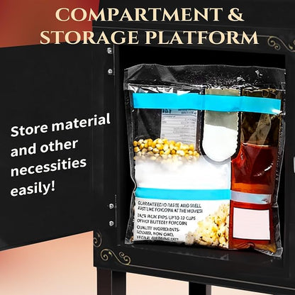 12 Oz Popcorn Machine with Cart, Vintage Movie Theater Style Professional Cart with 4 Cups & 1 Scoop, Pop Corn Popper for Home Theater, Parties, Events, Black