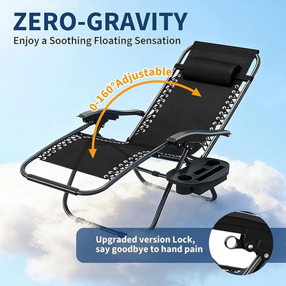Garvee Zero Gravity Chair Set of 2, Patio Lounge Chair Outdoor with Pillow & Cup Holder Tray, Adjustable Reclining Chair, Folding Portable Camping Chair for Deck, Beach, Yard, Garden - Black
