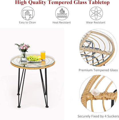 Tangkula 3 Pieces Patio Bistro Set, Rattan Conversation Set with 2 Cushioned Armchairs & Round Glass Coffee Table, Indoor Outdoor Wicker Furniture Set for Balcony, Backyard, Garden, Poolside