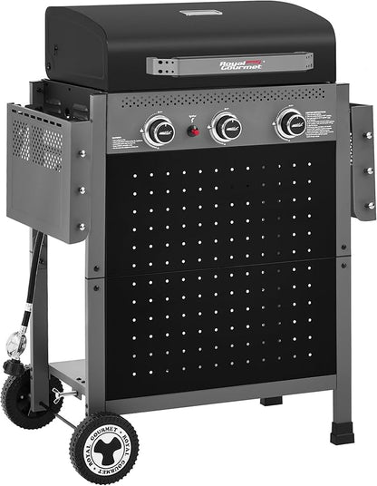 Royal Gourmet GL3001 3-Burner Gas Grill with Pegboard, 420 Sq. In. Cooking Area, 19,500 BTU, Foldable Side Shelves with Hooks, Two Large Wheels, Ideal for Backyard and Patio, Black & Cool Gray