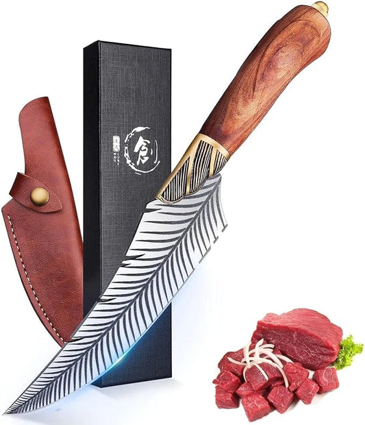 Dream Reach Feather Viking Boning Knife, 6 Inch Professional Viking Knife Meat Cleaver Full Tang with Sheath Gift Box for Outdoor Camping Thanksgiving Christmas Gifts for Men Women