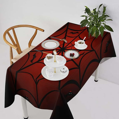 Spider Web Tablecloth, Gothic Black Spider Web Bat Red Water Resistant Wipeable Table Cover for Picnic Party Holiday Kitchen Dinner Table 60"x120"