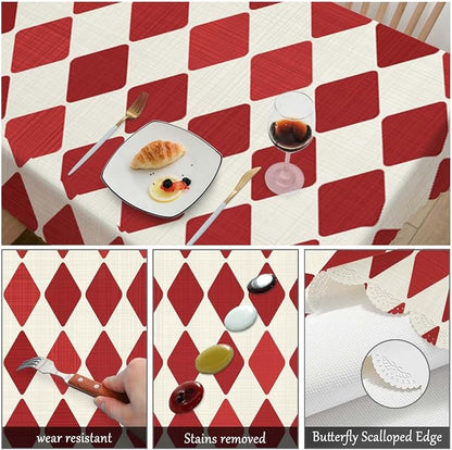Swono Tablecloth Red Rhombuses, Retro Diamond Argyle Red Table Cloth for Kitchen Dining Tabletop Decoration Parties Weddings, 52 X 70 Inch Rectangle Picnic Tablecloth