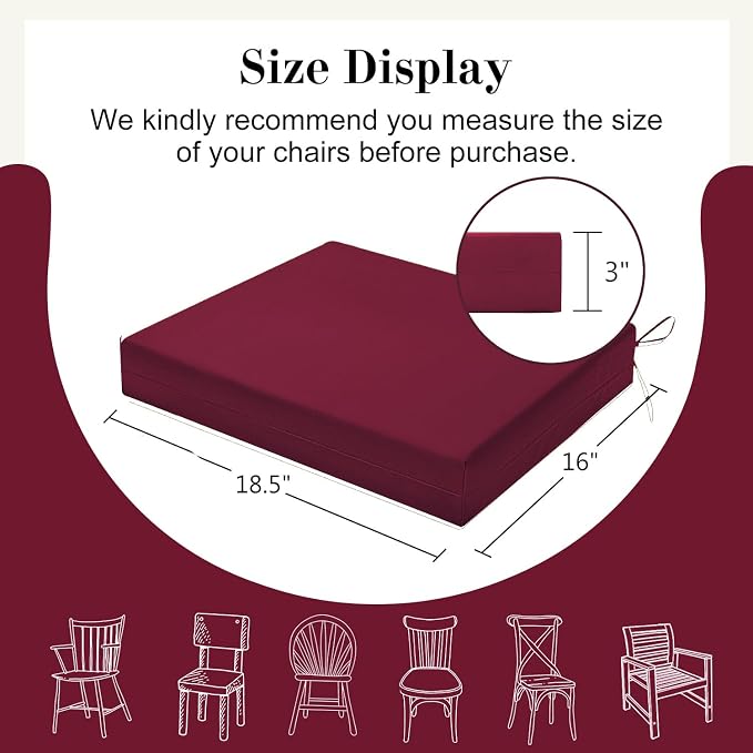 Cozyide Outdoor Chair Cushions, Waterproof Patio Seat Cushions with Adjustable Straps, Square Corner Patio Chair Cushions for Garden, Burgundy, 18.5x16x3 Inch (Pack of 4)