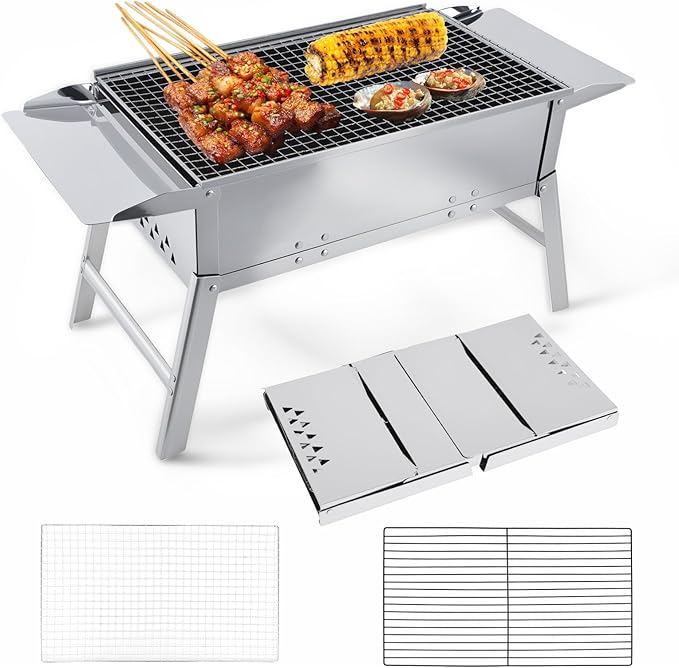Foldable Portable Charcoal Grill, Small Compact Outdoor BBQ Grill for Camping, Backyard, Balcony, Beach, Travel Outdoor Cooking(17.7x9.8 Inch)
