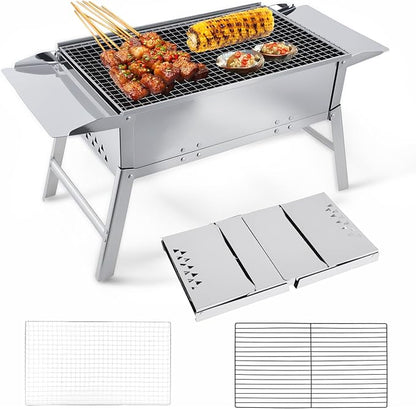 Foldable Portable Charcoal Grill, Small Compact Outdoor BBQ Grill for Camping, Backyard, Balcony, Beach, Travel Outdoor Cooking(17.7x9.8 Inch)