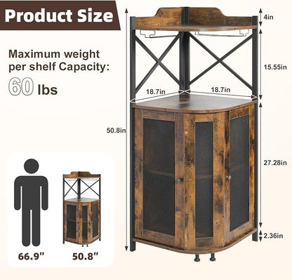 JKsmart Corner Bar Cabinet with LED Lights,Industrial Wine Cabinet with Glass Holder,4-Tier Wine Cabinet with Door and Shelf,Farmhouse Home Bar for Liquor Wine Coffee Storage,Rustic Brown