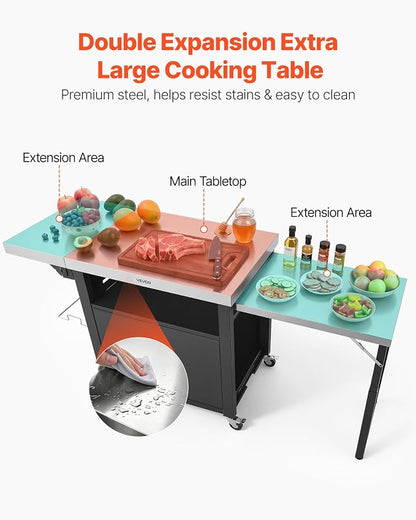 VEVOR Outdoor Grill Cart with Storage Cabinet, 74.8 Inch Grill Table, Waterproof Kitchen Island with Stainless Steel Top, Pull-Out Plate, Wheels, Movable Food Prep Station for Patio Bar Backyard BBQ