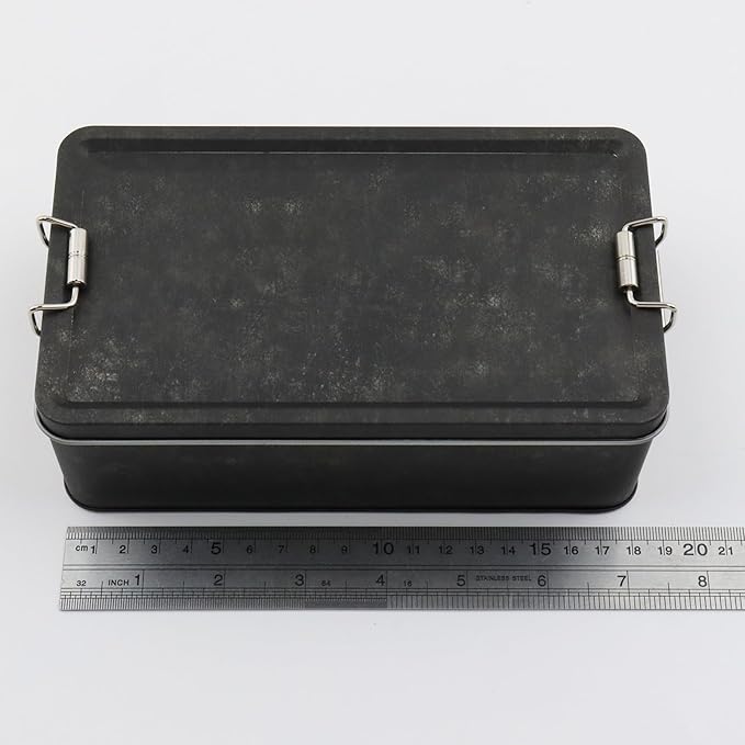 2 Pcs Metal Storage Box, Tinplate Retro Black Tin Box Containers with Lid Buckle Latch for Outdoor, Picnic, Home (7.28"×4.13"×2.56", Retro Black)