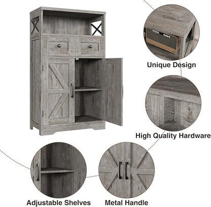 Befrases Set of 2 Farmhouse Storage Cabinet with Drawers and Adjustable Shelves, Freestanding Kitchen Pantry Storage Cabinet, Floor Storage Cupboard for Dining Living Room Home Office, Washed Grey