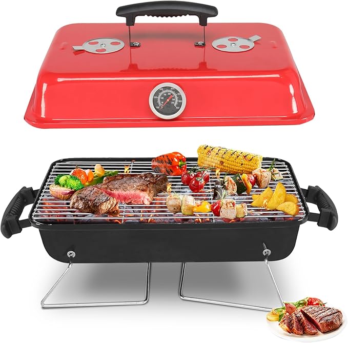 Small Charcoal Grill Portable Barbecue Grills with Thermometer, Compact Iron BBQ Grill for Garden Party Picnic Hiking Travel Backyard Cooking, Easy to Assemble, Asadores de Carbon, Black and Red